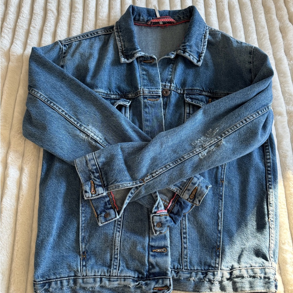 Free People Blue Denim Jacket with Red Accents